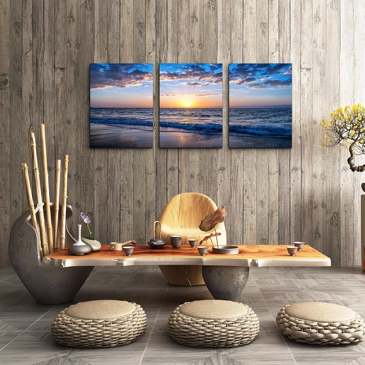 Set of 3 Wall Art Canvas Prints, Beach Sunrise Sunset Pictures Wall Decor Ocean Waves Nature Seascape Poster Coastal Landscape Painting for Living Room, Bedroom, Office Home Decor
