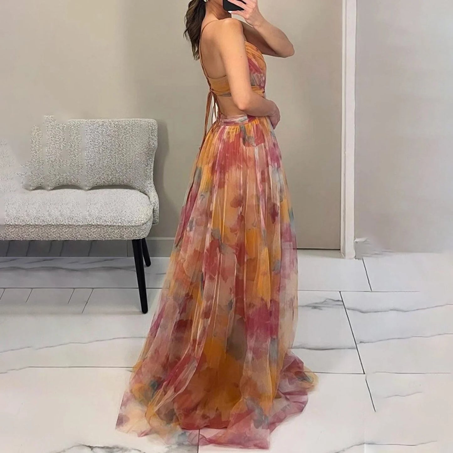 Women'S Floral Tulle Wedding Guest Dress Spaghetti Straps V Neck a Line Formal Colorful Cocktail Maxi Dresses Saffron L