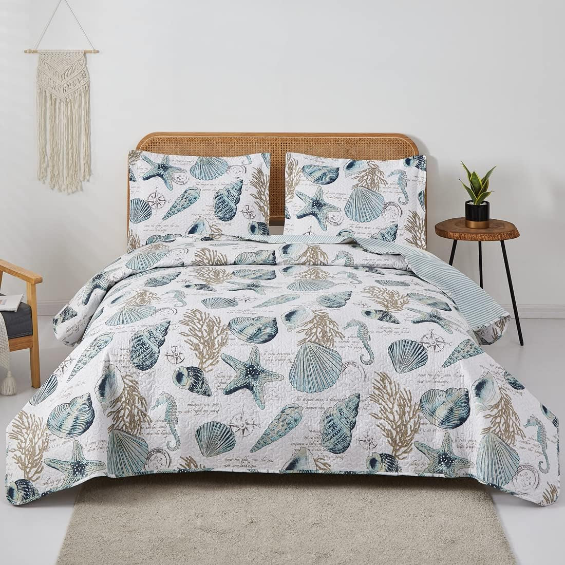 3 Pieces Beach Shell Bedspread Twin Size Ocean Theme Seashell Conch Summer Quilt Lightweight Thin Reversible Conch Shell Hippocampus Starfish Coral Printed Coverlet Set Coastal Bedding-Blue White
