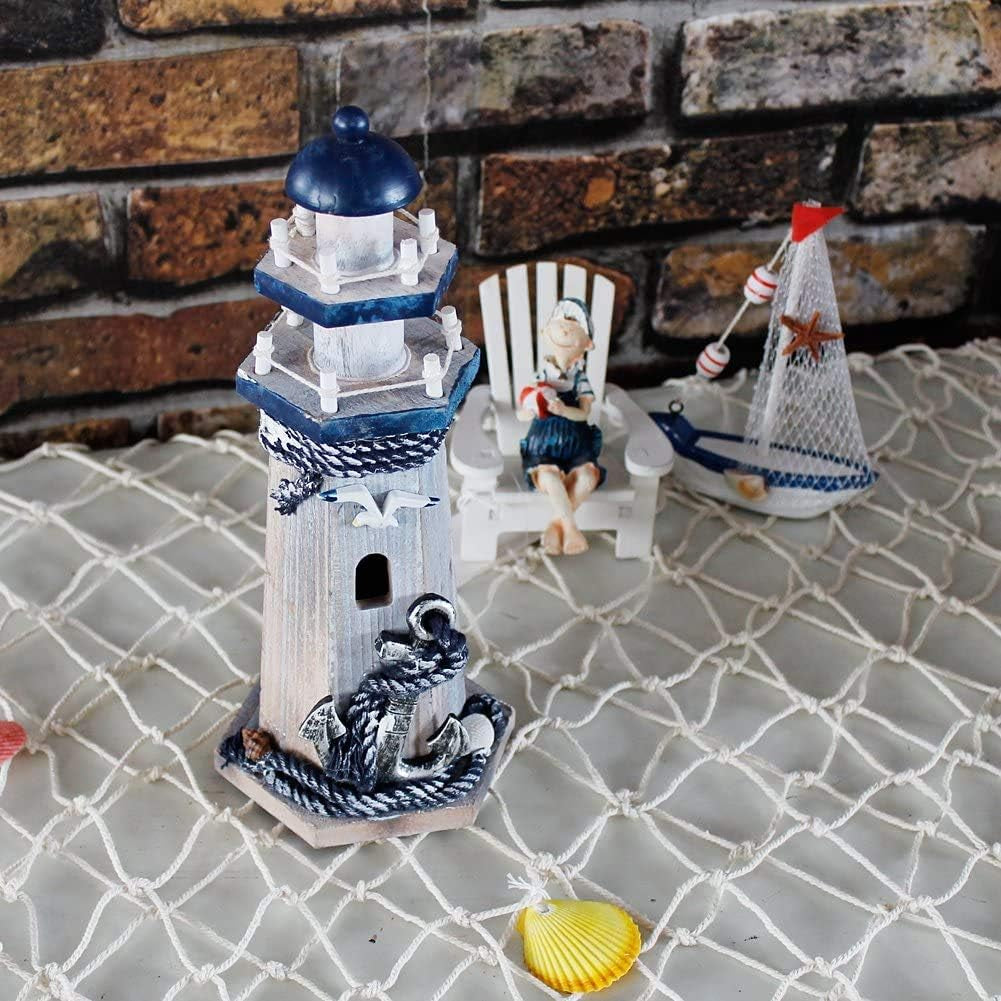 Lighthouse Decor Nautical Decoration Wood Light House Figurine Beach House Coastal Decor Table Ocean Seaside Theme Home Lake House Bathroom Shelf Centerpiece 10.25" Blue