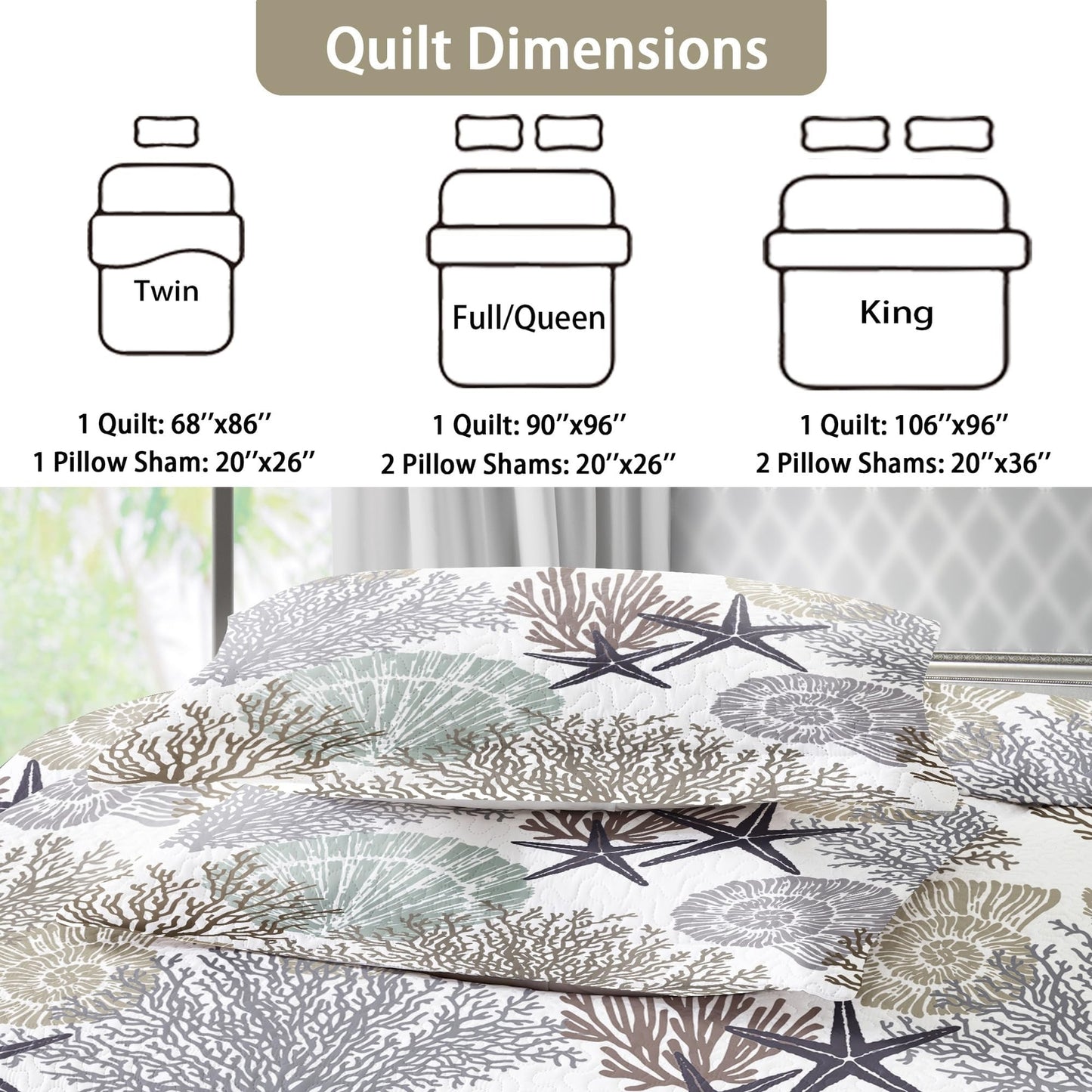 Tritard 3 Piece Coastal Quilt Sets King Size - Reversible Microfiber Quilts W...
