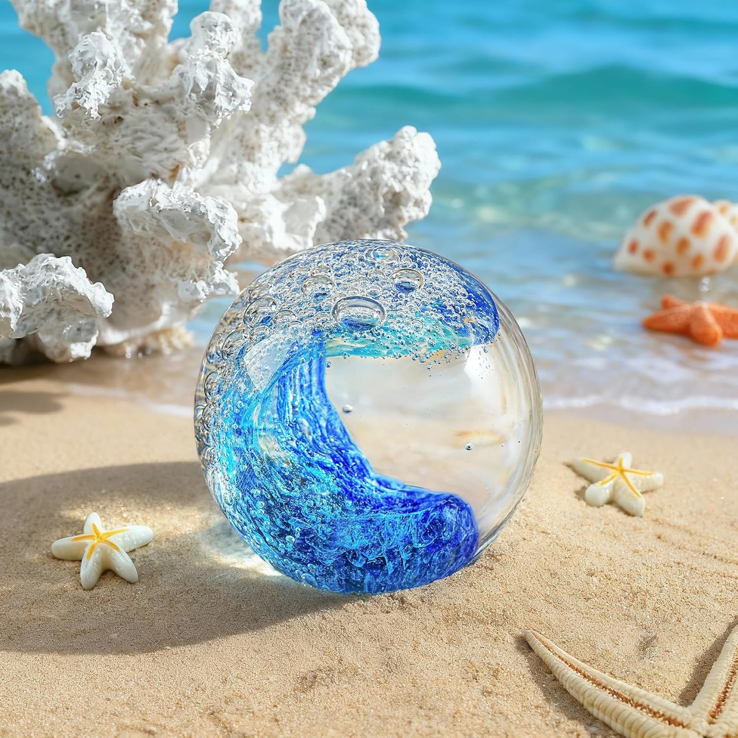 ZEERSHEE 60Mm Hand Blown Ocean Waves Crystal Ball Blue Wave Sea Glass Figurines