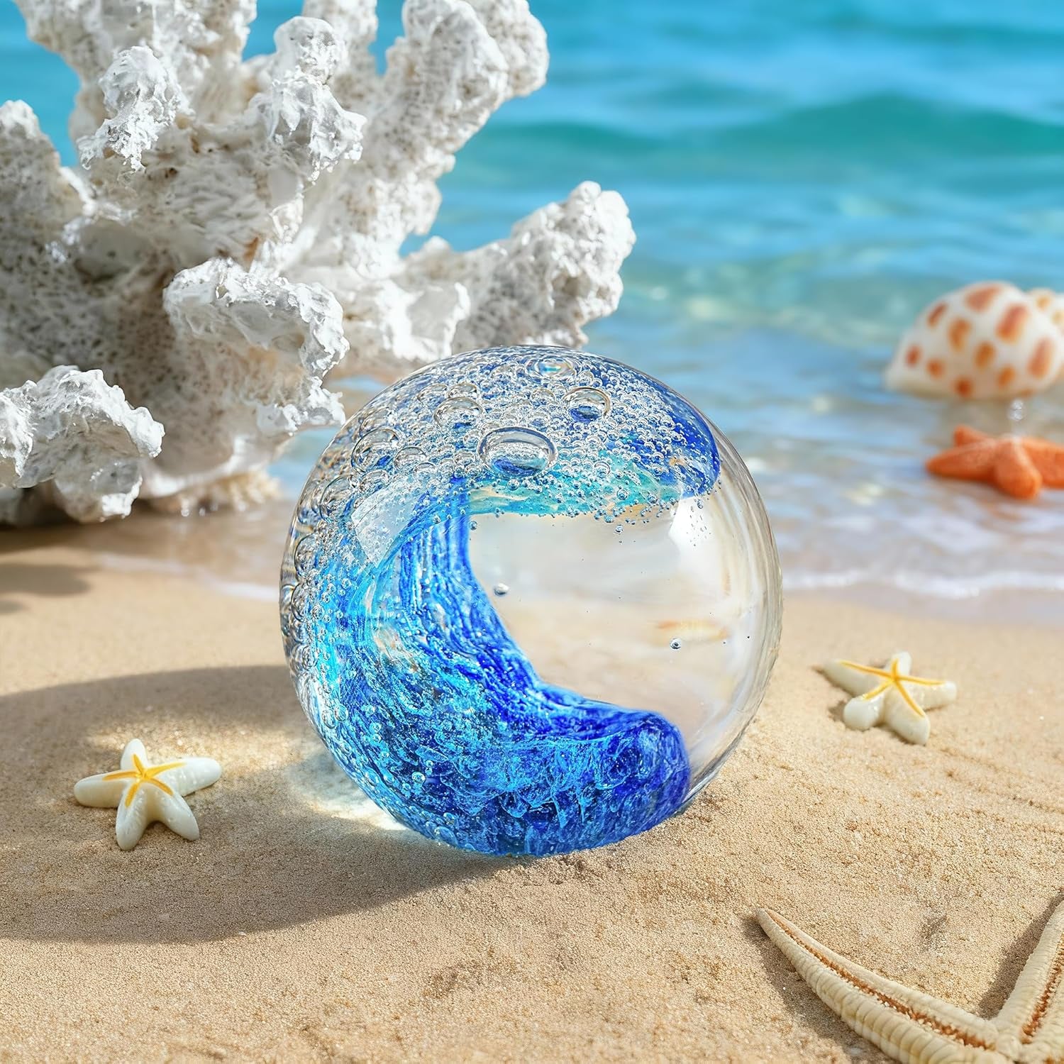 ZEERSHEE 60Mm Hand Blown Ocean Waves Crystal Ball Blue Wave Sea Glass Figurines