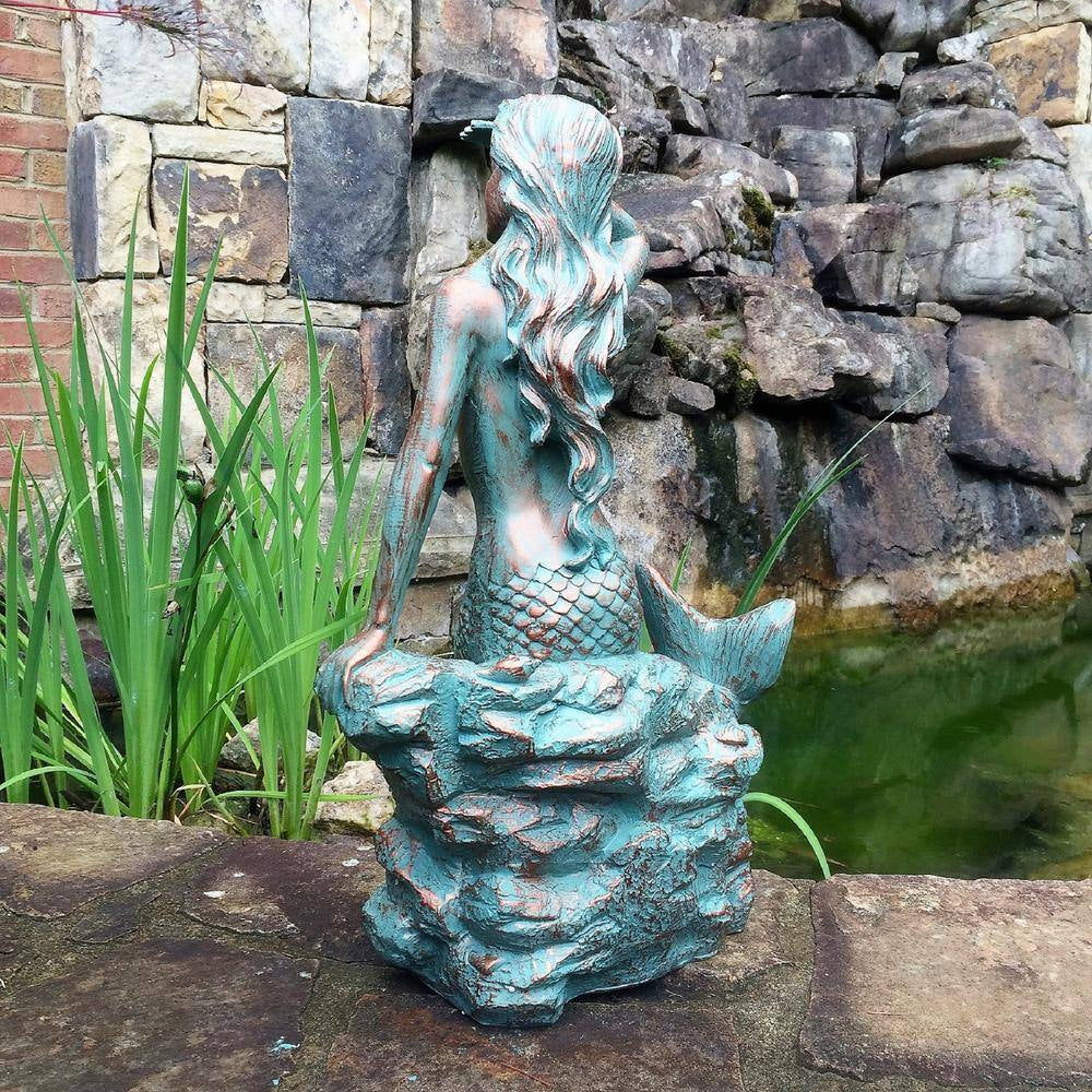 22 In. Classic Mermaid Bronze Patina Sitting on Coastal Rock Beach Collectible Statue