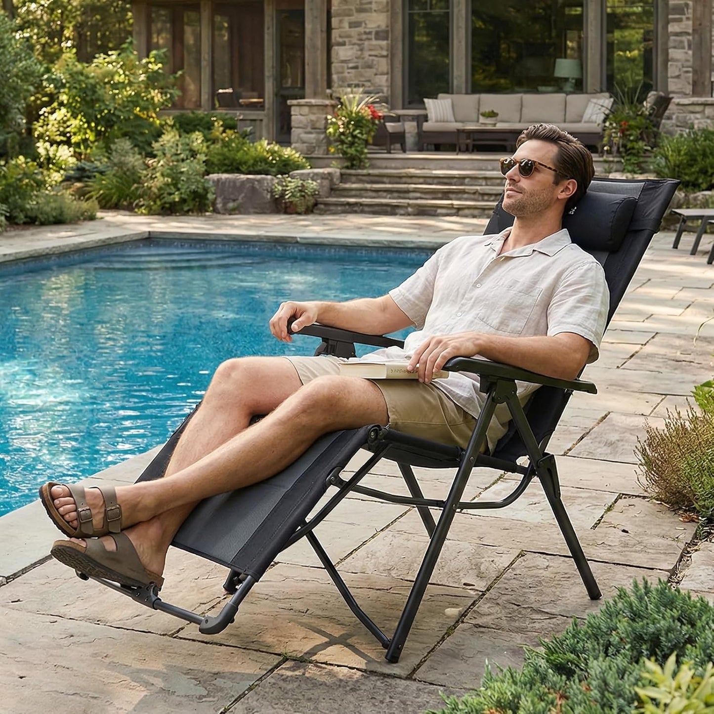 Portable Zero Gravity Chair, Lounge Chair Outdoor Oversized Zero Gravity Chair Folding Lounge Chair with Adjustable Pillows and Cup Holder for Poolside Backyard and Lawn, Support 350Lbs