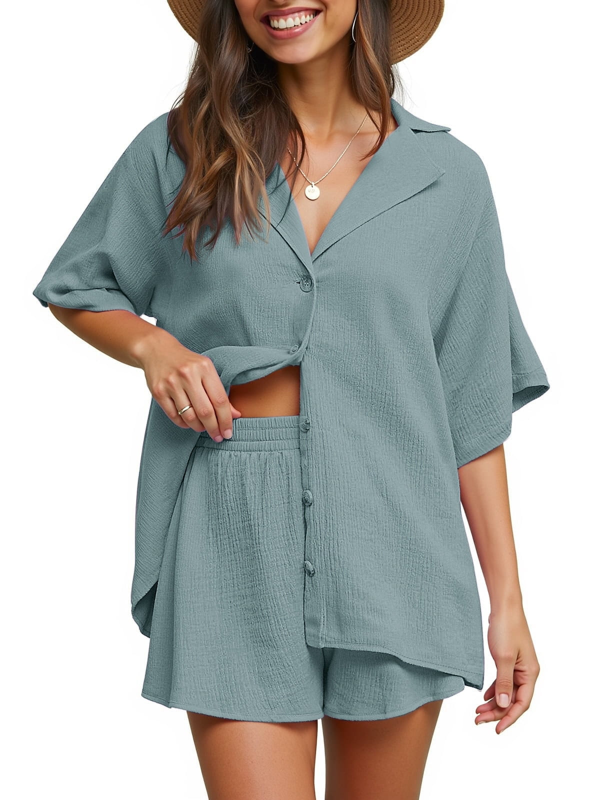 2 Piece Womens Outfit Sets Button down Shirts and Shorts Casual Lounge Sets Short Sleeve Pajamas Sets Summer Loungewear