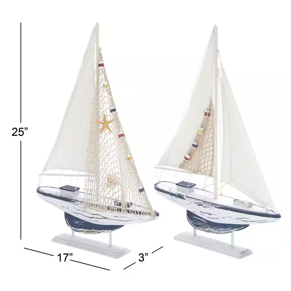 Oriana White 17 In. X 25 In. Wood Sail Boat Sculpture (Set of 2)