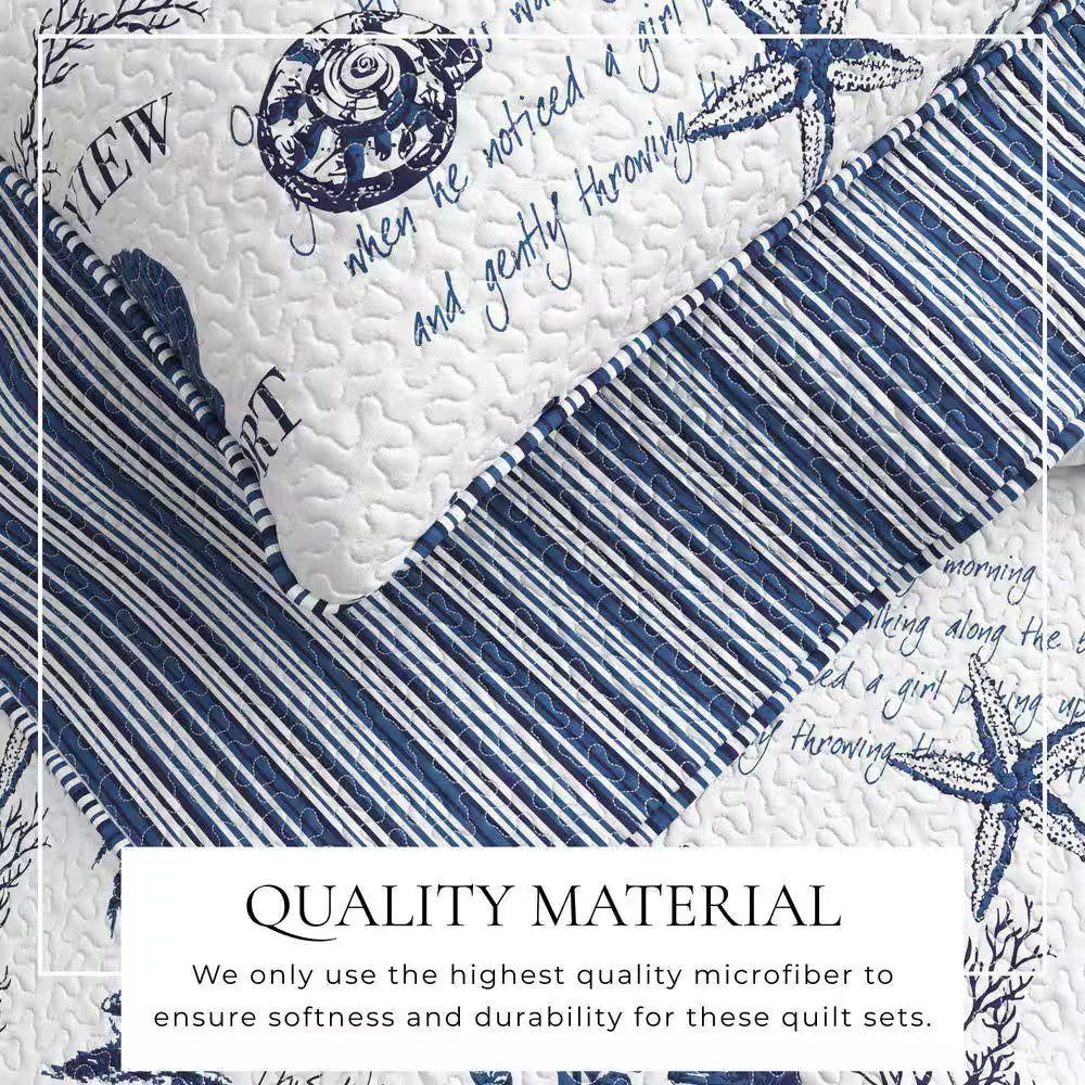 Blue Nautical Coastal Themed Twin Microrfiber 2-Piece Quilt Set Bedspread