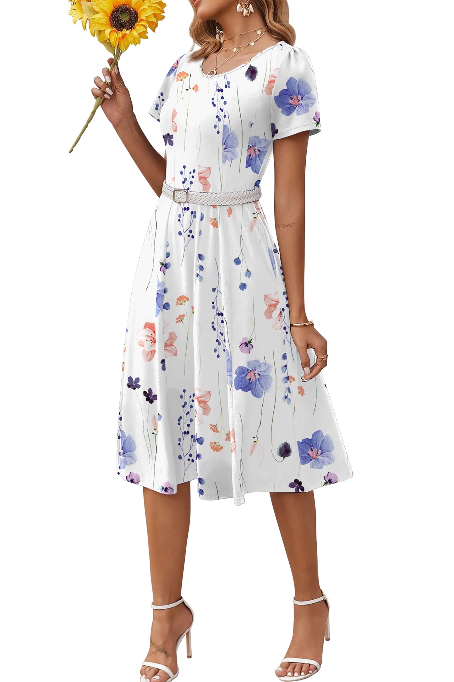 Summer Dresses for Women Casual Short Sleeve Pleated Dress Flowy Floral Dress with Pockets Flare Midi Sundress
