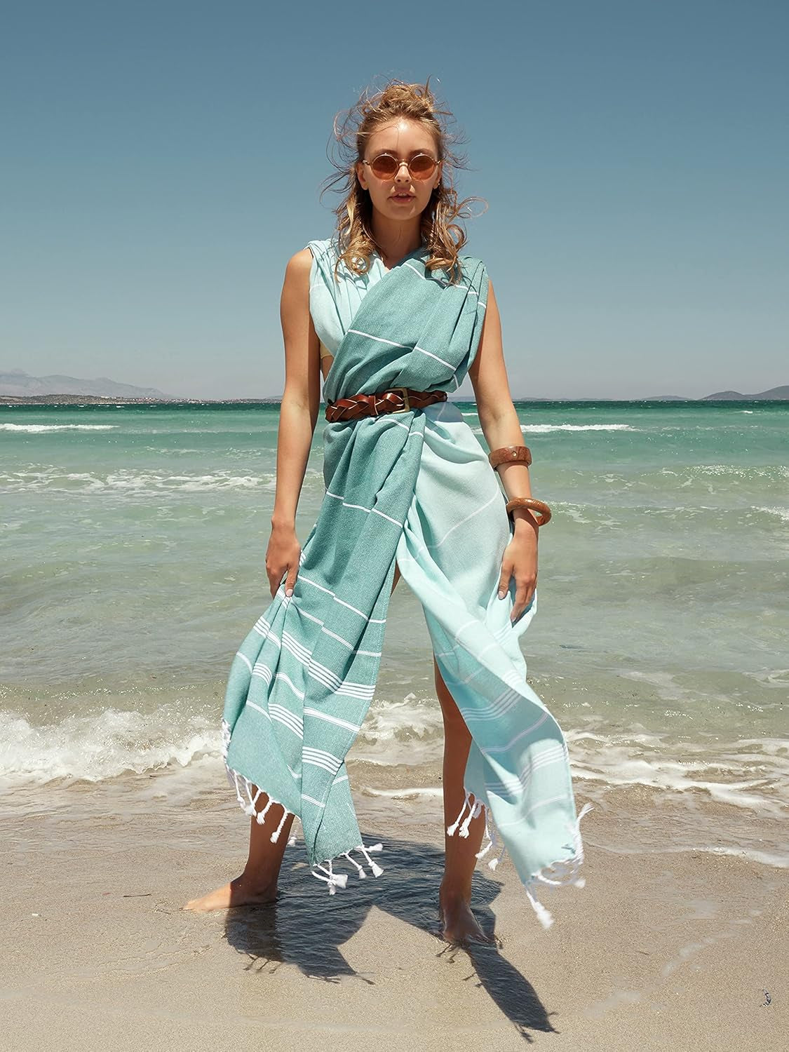 Turkish Beach Towel with Travel Bag 39 X 71 Quick Dry Sand Free Lightweight Large Oversized Towels Light - (Aqua with Blue Floral Bag)