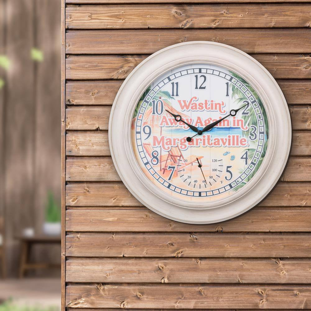 26.2 In. Indoor/Outdoor Whitewashed Margaritaville Analog Quartz Wall Clock with Temperature