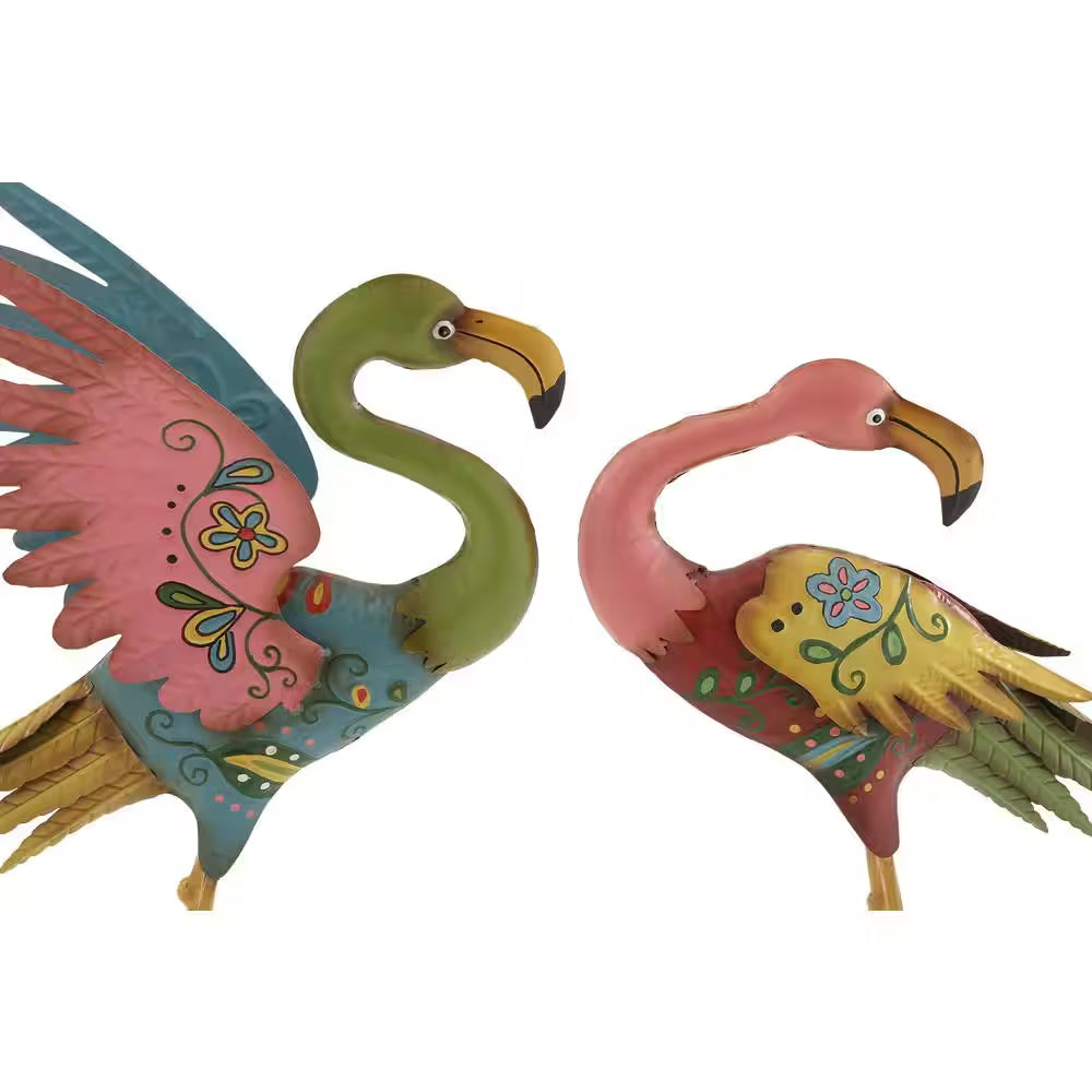 28 In. Large Metal Indoor Outdoor Embossed Standing Flamingo Garden Sculpture with Coiled U Shaped Feet (2- Pack)