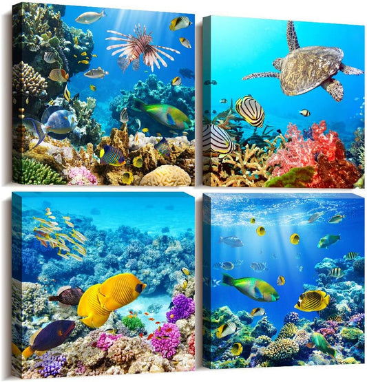 Bathroom Wall Decor Canvas Wall Art for Living Room Office Decor Modern Bedroom Home Decor 4 Panels Stretched and Framed Ready to Hang Blue Ocean Theme Sea Fish and Sea Turtles Undersea World Draw