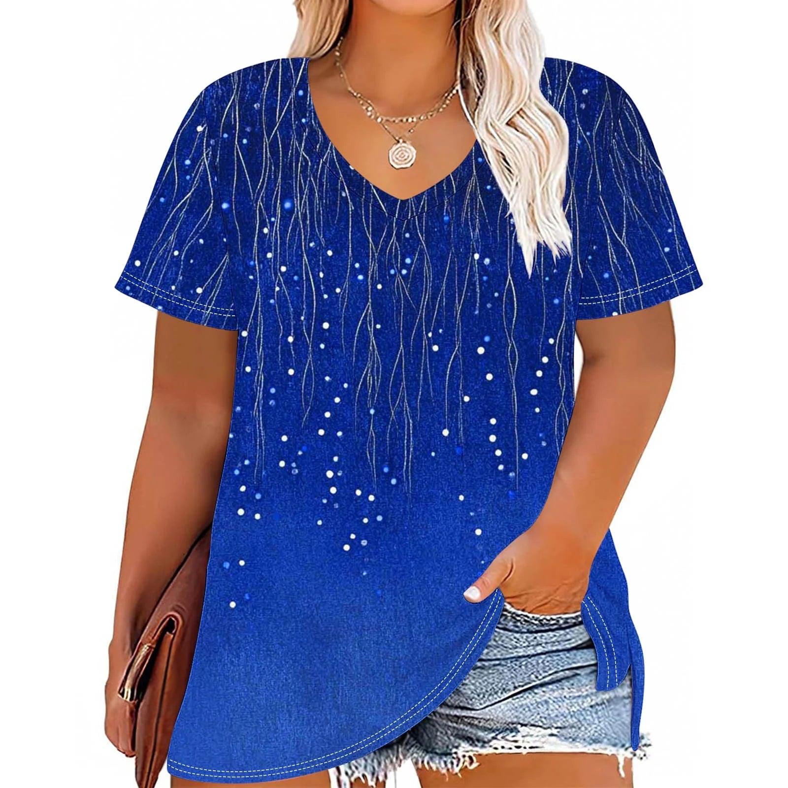 Womens plus Size Tops Short Sleeve V-Neck Loose Fit Blouses for Women Summer Fashion Gradient Print Casual Shirts Navy