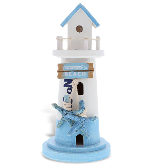 Ocean Blue Nautical Wooden Lantern Lighthouse with LED Lights - Table Top Centerpiece Coastal Decor for Home, Beach House, Rustic Decorative Lamp with Boat Anchor - Handmade Color May Vary