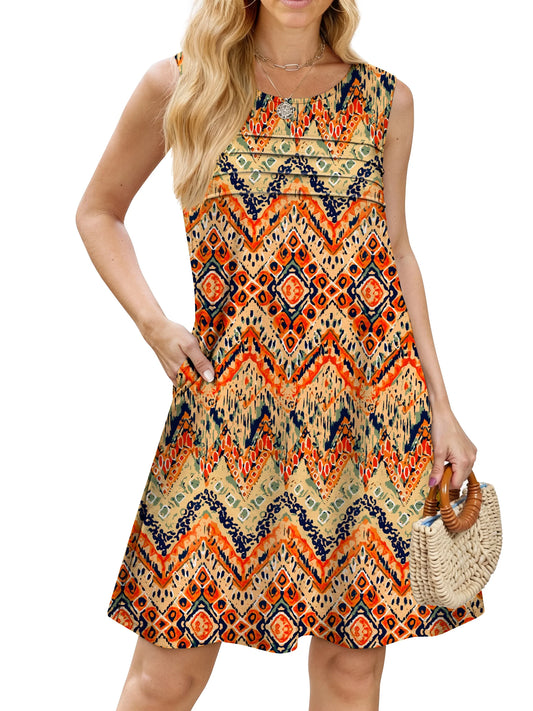 Pleated Tank Dresses for Women Fashion Summer Sleeveless Sundress Casual Beach Dress with Pockets