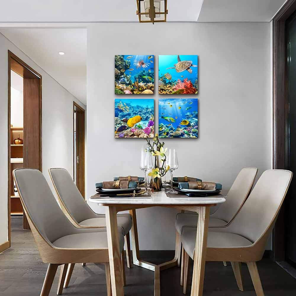 Bathroom Wall Decor Canvas Wall Art for Living Room Office Decor Modern Bedroom Home Decor 4 Panels Stretched and Framed Ready to Hang Blue Ocean Theme Sea Fish and Sea Turtles Undersea World Draw