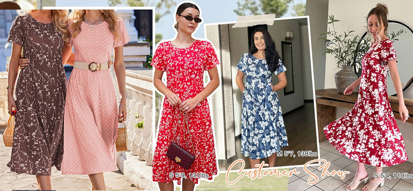 Summer Dresses for Women Casual Short Sleeve Pleated Dress Flowy Floral Dress with Pockets Flare Midi Sundress