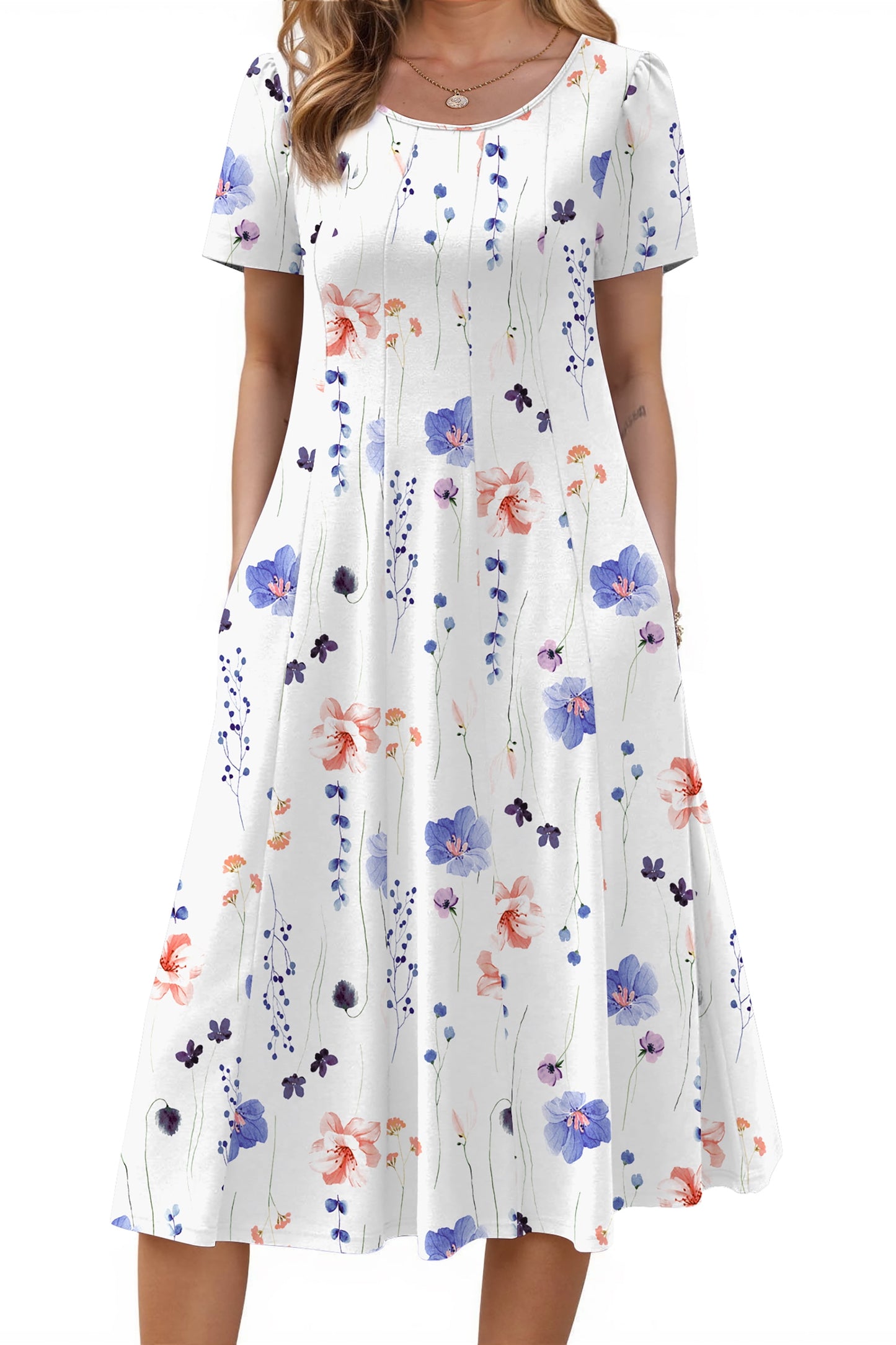 Summer Dresses for Women Casual Short Sleeve Pleated Dress Flowy Floral Dress with Pockets Flare Midi Sundress