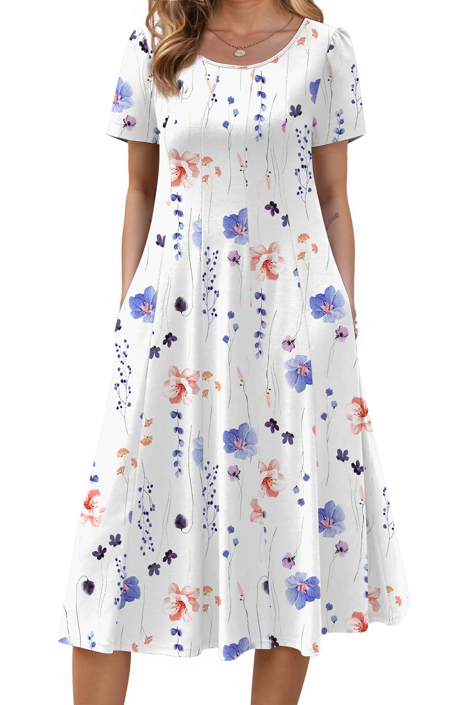 Summer Dresses for Women Casual Short Sleeve Pleated Dress Flowy Floral Dress with Pockets Flare Midi Sundress