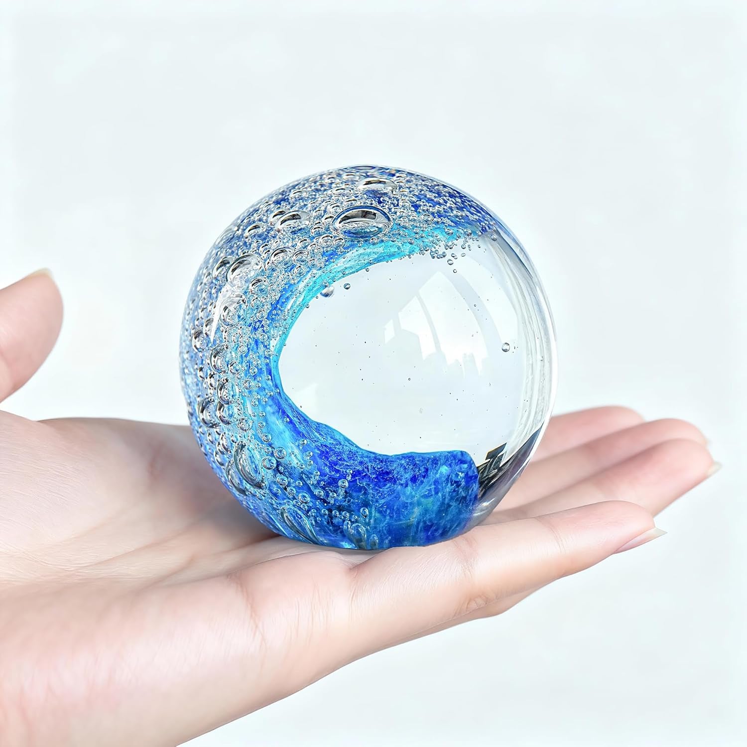 ZEERSHEE 60Mm Hand Blown Ocean Waves Crystal Ball Blue Wave Sea Glass Figurines