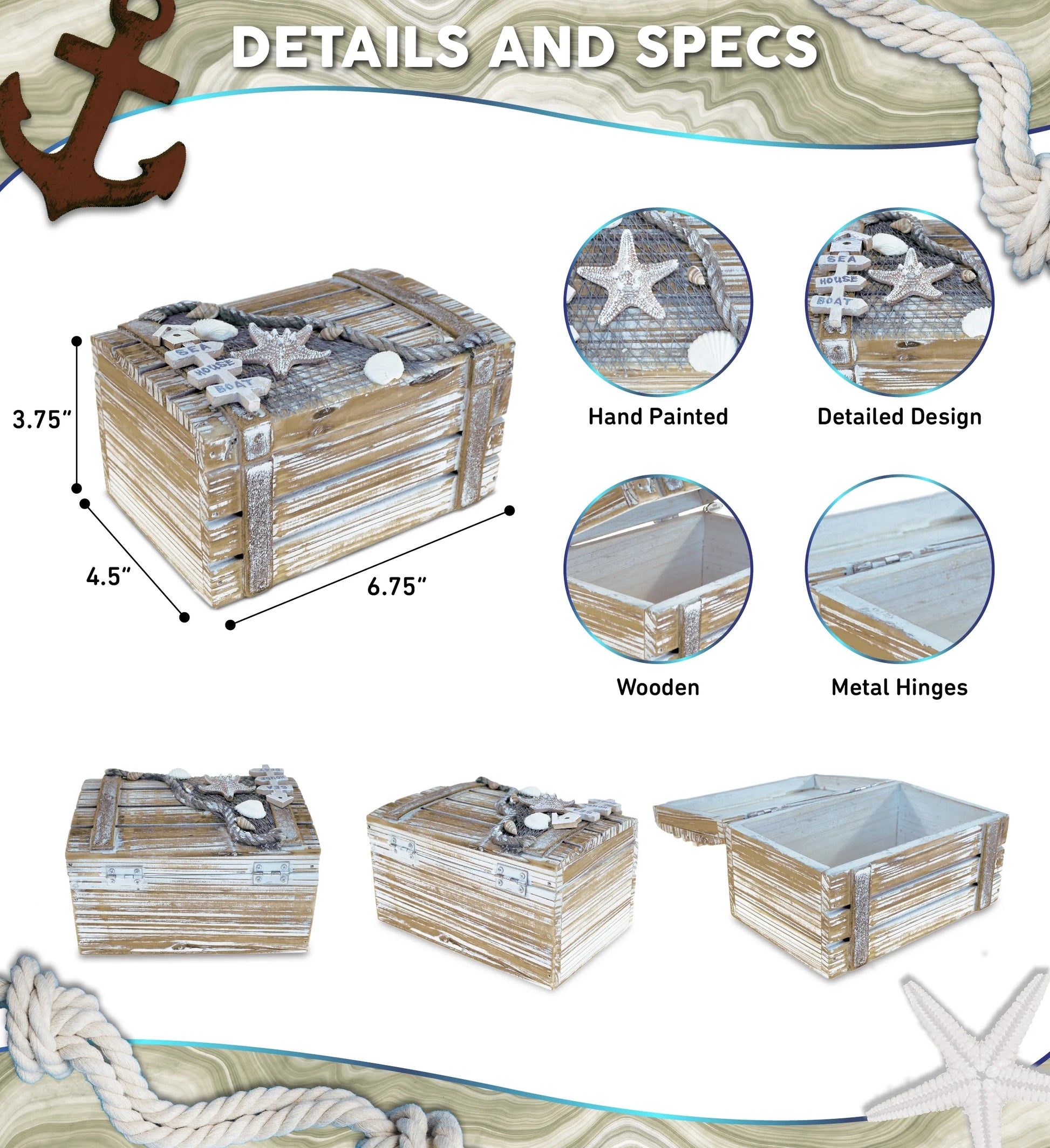 Cota Global Baja Beach Medium Wooden Jewelry Box - Handcrafted Nautical Trinket with Seashell and Starfish Decorations Accent Tabletop Home Decor, Jewelry Storage - 6.75 Inch