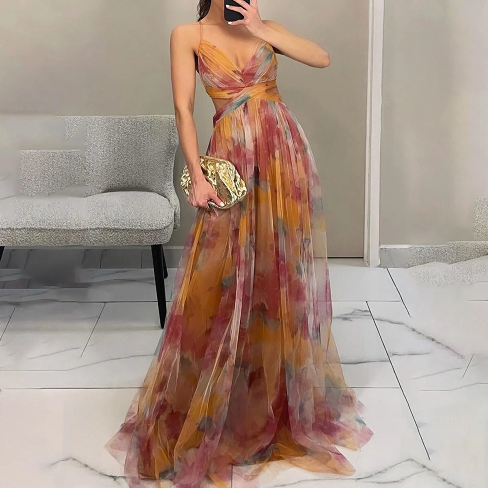 Women'S Floral Tulle Wedding Guest Dress Spaghetti Straps V Neck a Line Formal Colorful Cocktail Maxi Dresses Saffron L