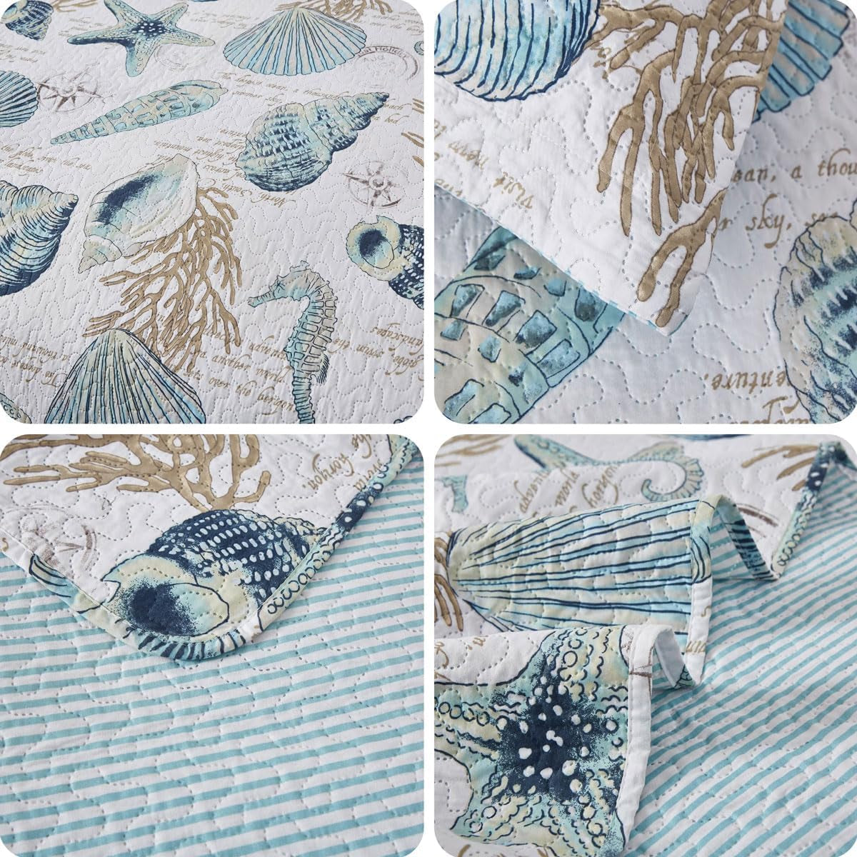 3 Pieces Beach Shell Bedspread Twin Size Ocean Theme Seashell Conch Summer Quilt Lightweight Thin Reversible Conch Shell Hippocampus Starfish Coral Printed Coverlet Set Coastal Bedding-Blue White
