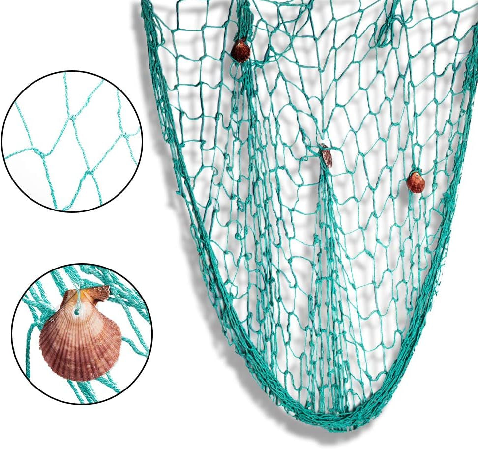 Nature Fish Net Wall Decoration with Shells, Ocean Themed Wall Hangings Fishing Net Party Decor for Pirate Party,Wedding,Photographing Decoration (Aqua)