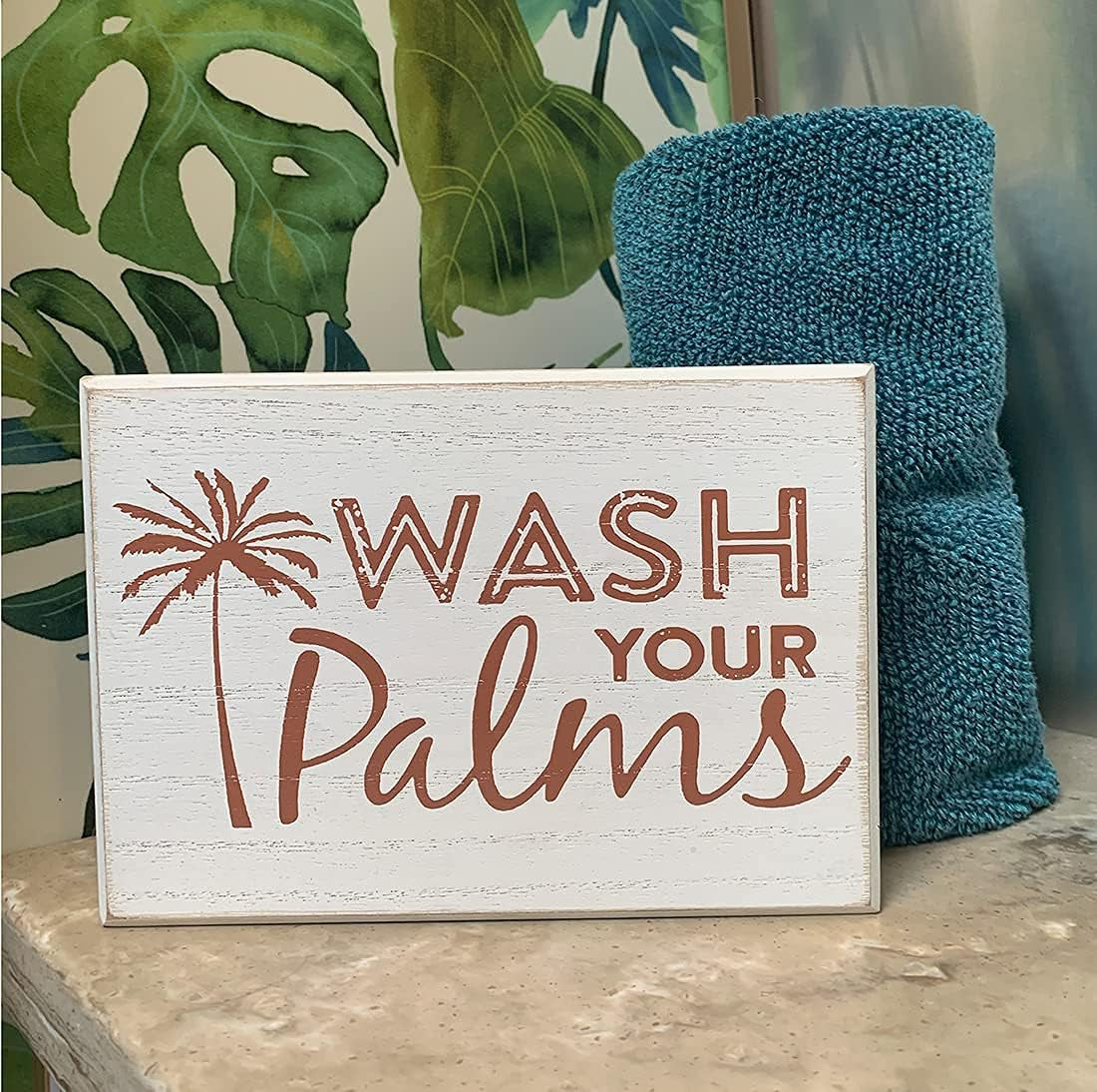 Wash Your Palms Wood Bathroom Sign, Palm Tree Decor, Beach Themed Bathroom Decor, Beachy Decorations Home Decor, Coastal Shelf or Wall Decor - White