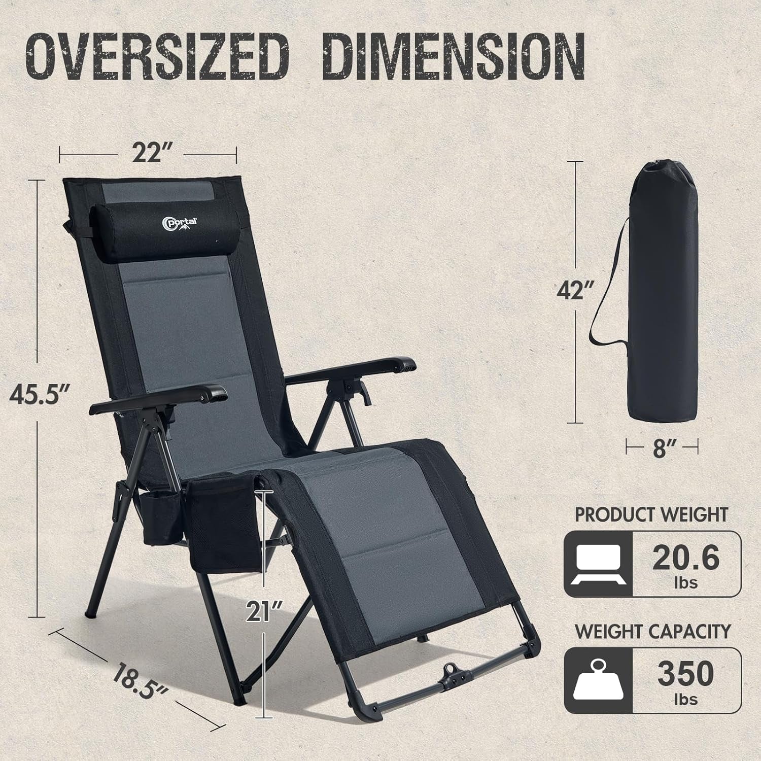 Portable Zero Gravity Chair, Lounge Chair Outdoor Oversized Zero Gravity Chair Folding Lounge Chair with Adjustable Pillows and Cup Holder for Poolside Backyard and Lawn, Support 350Lbs