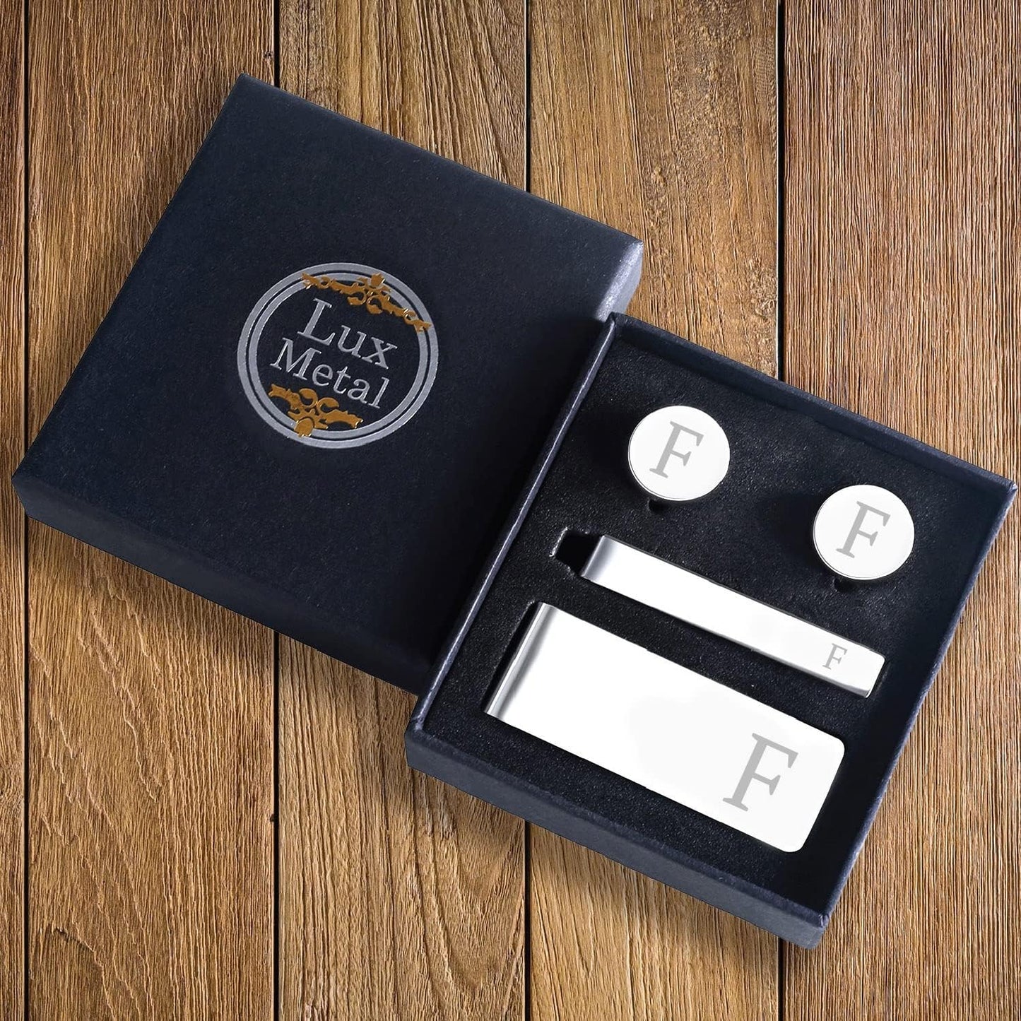 4PC Cufflinks, Tie Bar, Money Clip - Initial A-Z Engraving Alphabet Letter - Mirror Polished Steel Jewelry Set - Men'S Cuff Links Shirt Suit - Fathers Day Wedding Groom Gift Box