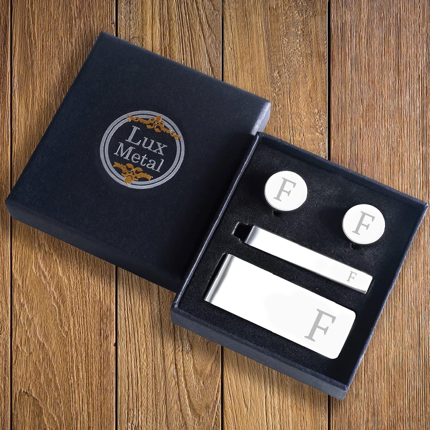 4PC Cufflinks, Tie Bar, Money Clip - Initial A-Z Engraving Alphabet Letter - Mirror Polished Steel Jewelry Set - Men'S Cuff Links Shirt Suit - Fathers Day Wedding Groom Gift Box