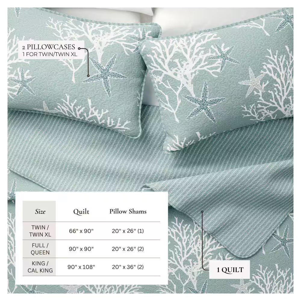 Blue Reversible Coastal Themed Twin Microfiber 2-Piece Quilt Set Bedspread