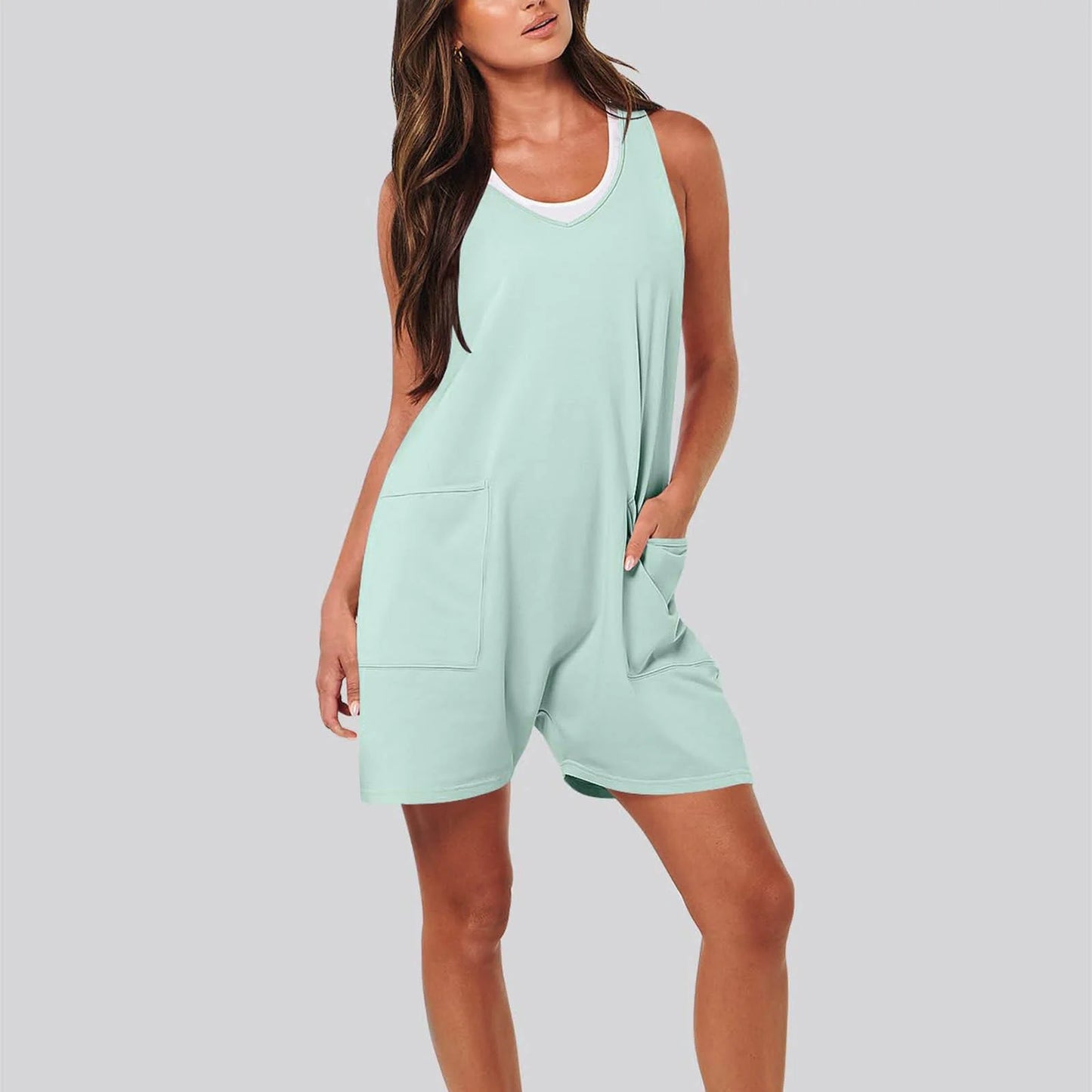 Summer 2026 Short Jumpsuits for Women Casual Rompers Sleeveless Loose Spaghetti Strap Shorts Overalls Jumpers with Pockets Light Blue,L