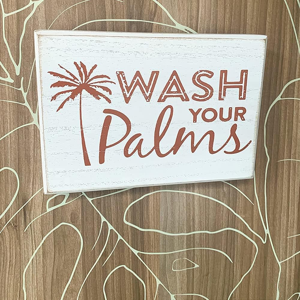 Wash Your Palms Wood Bathroom Sign, Palm Tree Decor, Beach Themed Bathroom Decor, Beachy Decorations Home Decor, Coastal Shelf or Wall Decor - White