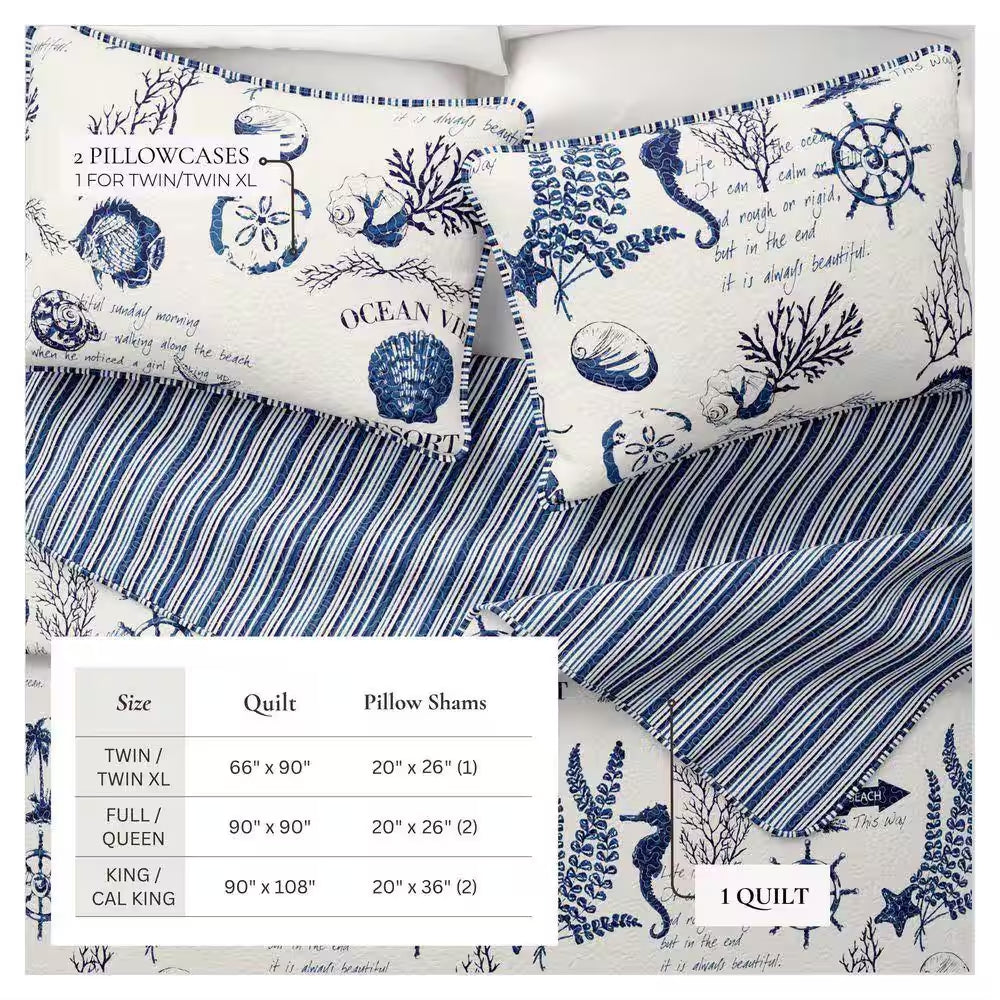 Blue Nautical Coastal Themed Twin Microrfiber 2-Piece Quilt Set Bedspread