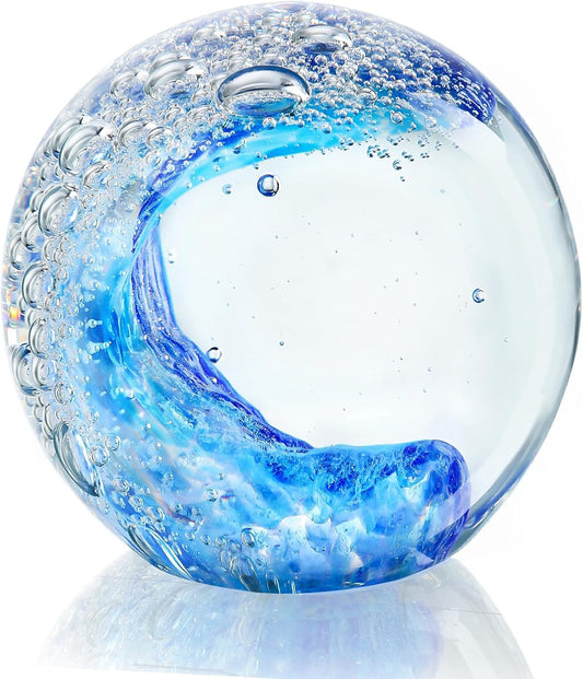 ZEERSHEE 60Mm Hand Blown Ocean Waves Crystal Ball Blue Wave Sea Glass Figurines