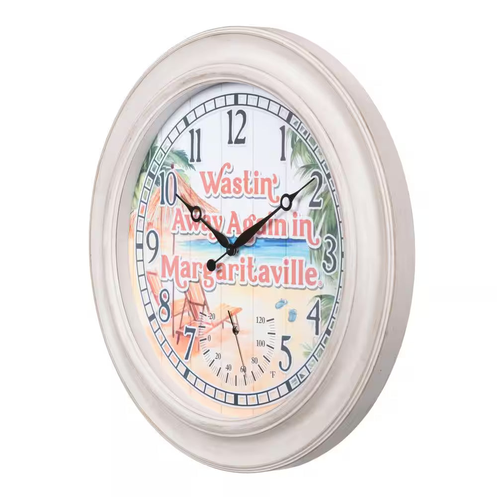26.2 In. Indoor/Outdoor Whitewashed Margaritaville Analog Quartz Wall Clock with Temperature
