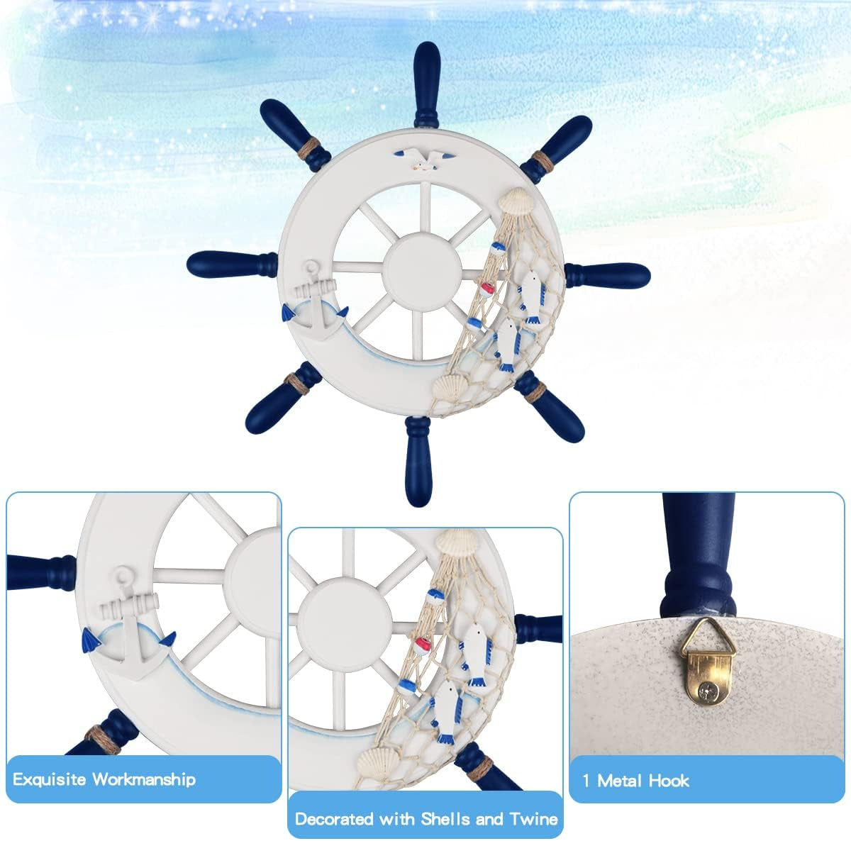 2 Pack 13" Nautical Beach Wooden Ship Wheel and 13" Wood Anchor with Rope Nautical Boat Steering Wheel Rudder Anchor Wall Decor Door Hanging Ornaments Beach Theme Home Wall Decoration