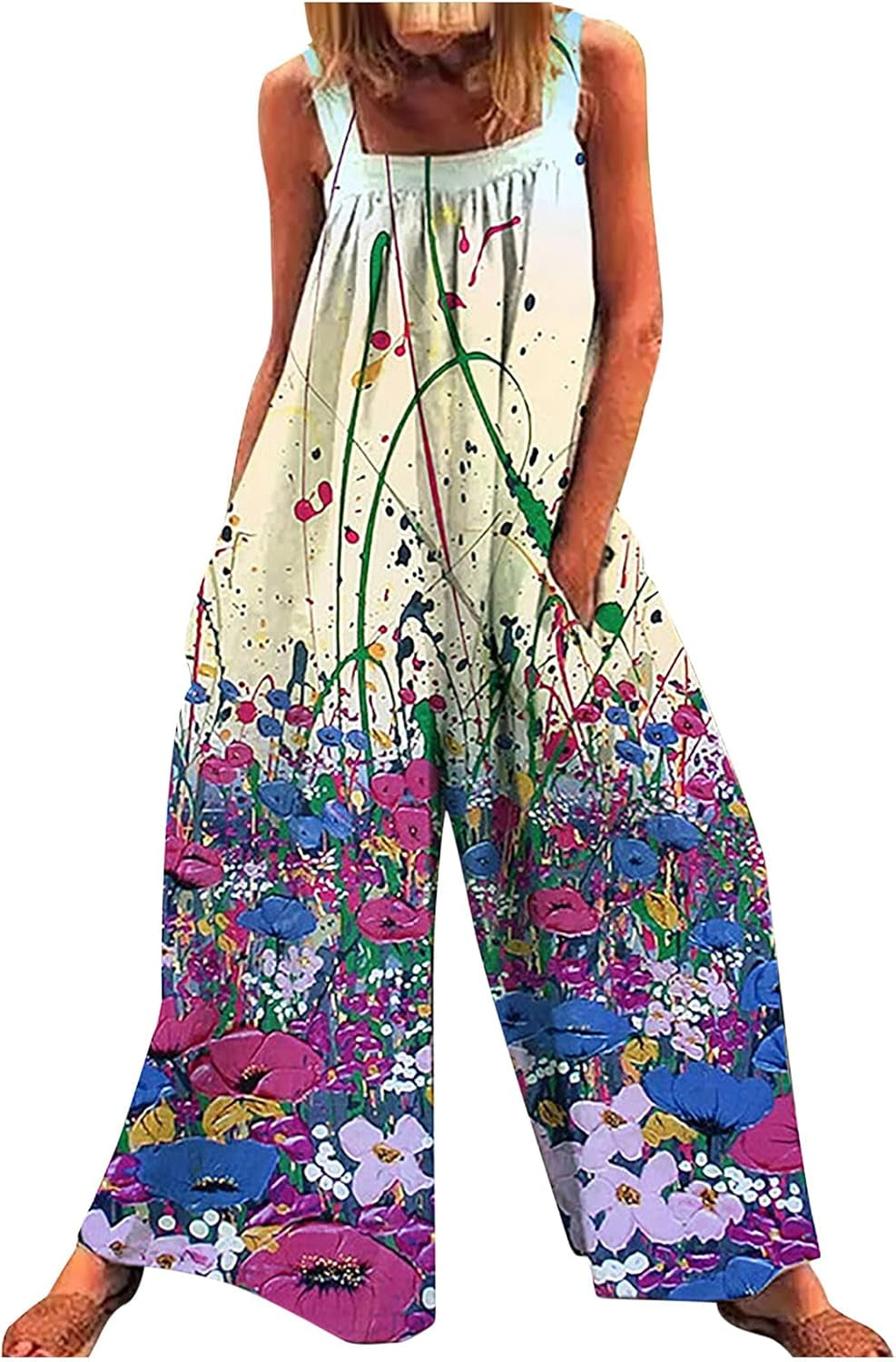 Womens Ethnic Style Suspender Jumpsuit Loose Baggy Cotton Wide Leg Drop Crotch Printed Bib Overalls Rompers Purple Medium