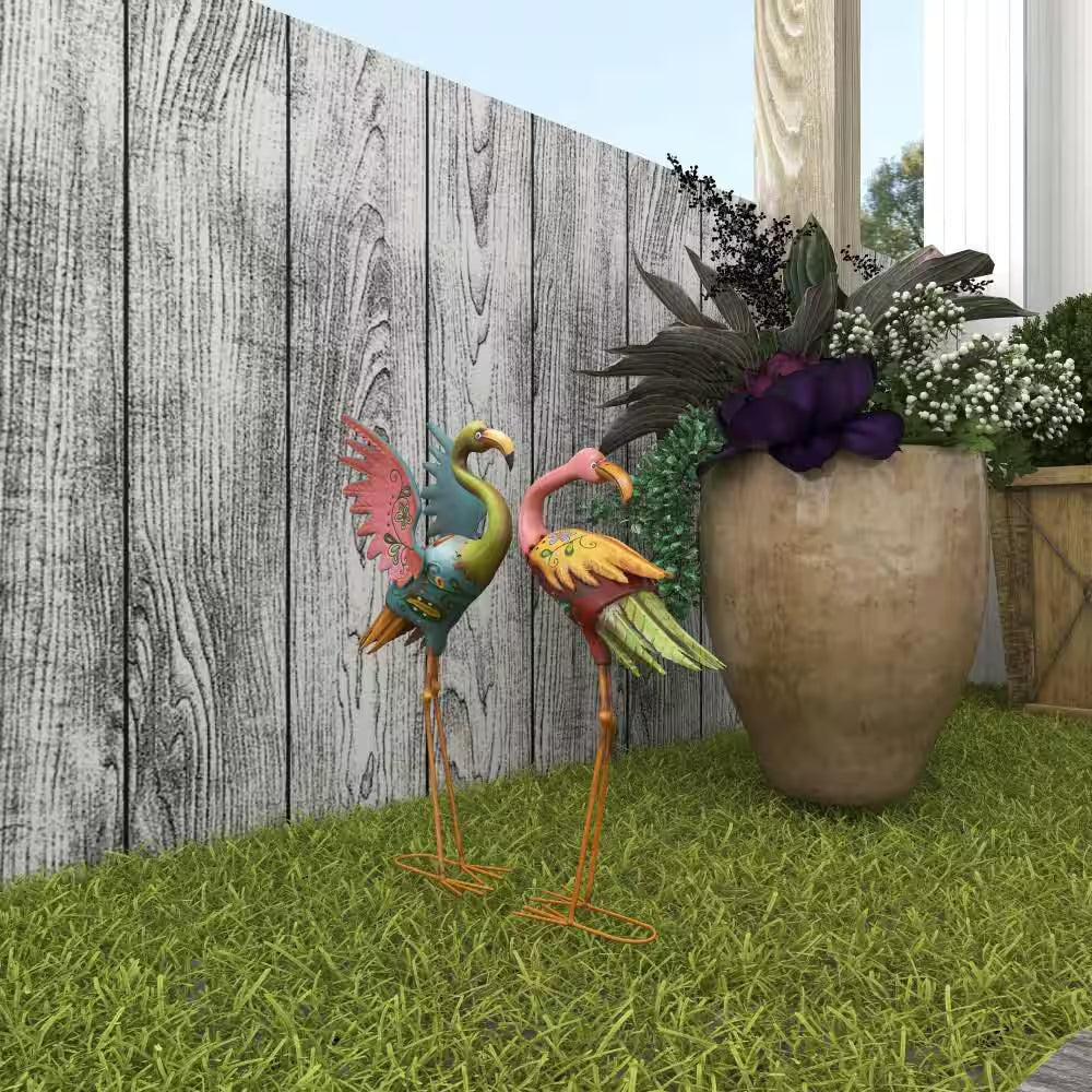 28 In. Large Metal Indoor Outdoor Embossed Standing Flamingo Garden Sculpture with Coiled U Shaped Feet (2- Pack)
