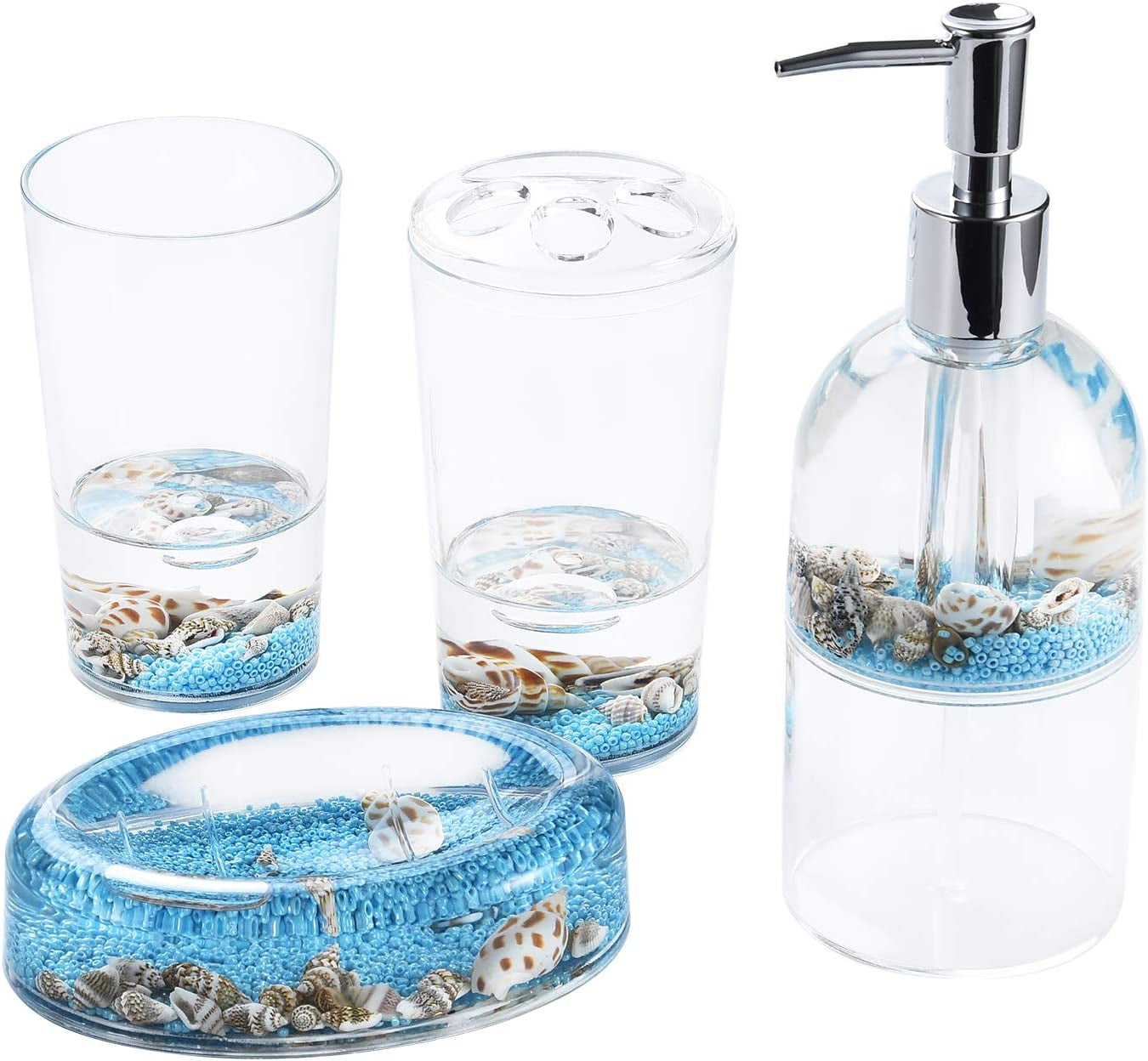 4 Piece Acrylic Liquid 3D Floating Motion Bathroom Vanity Accessory Set Oceam Theme Sea Shell Conch Toothbrush Holder, Tumbler, Soap Dispenser, Soap Dish