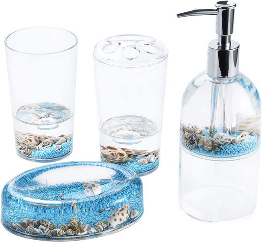 4 Piece Acrylic Liquid 3D Floating Motion Bathroom Vanity Accessory Set Oceam Theme Sea Shell Conch Toothbrush Holder, Tumbler, Soap Dispenser, Soap Dish
