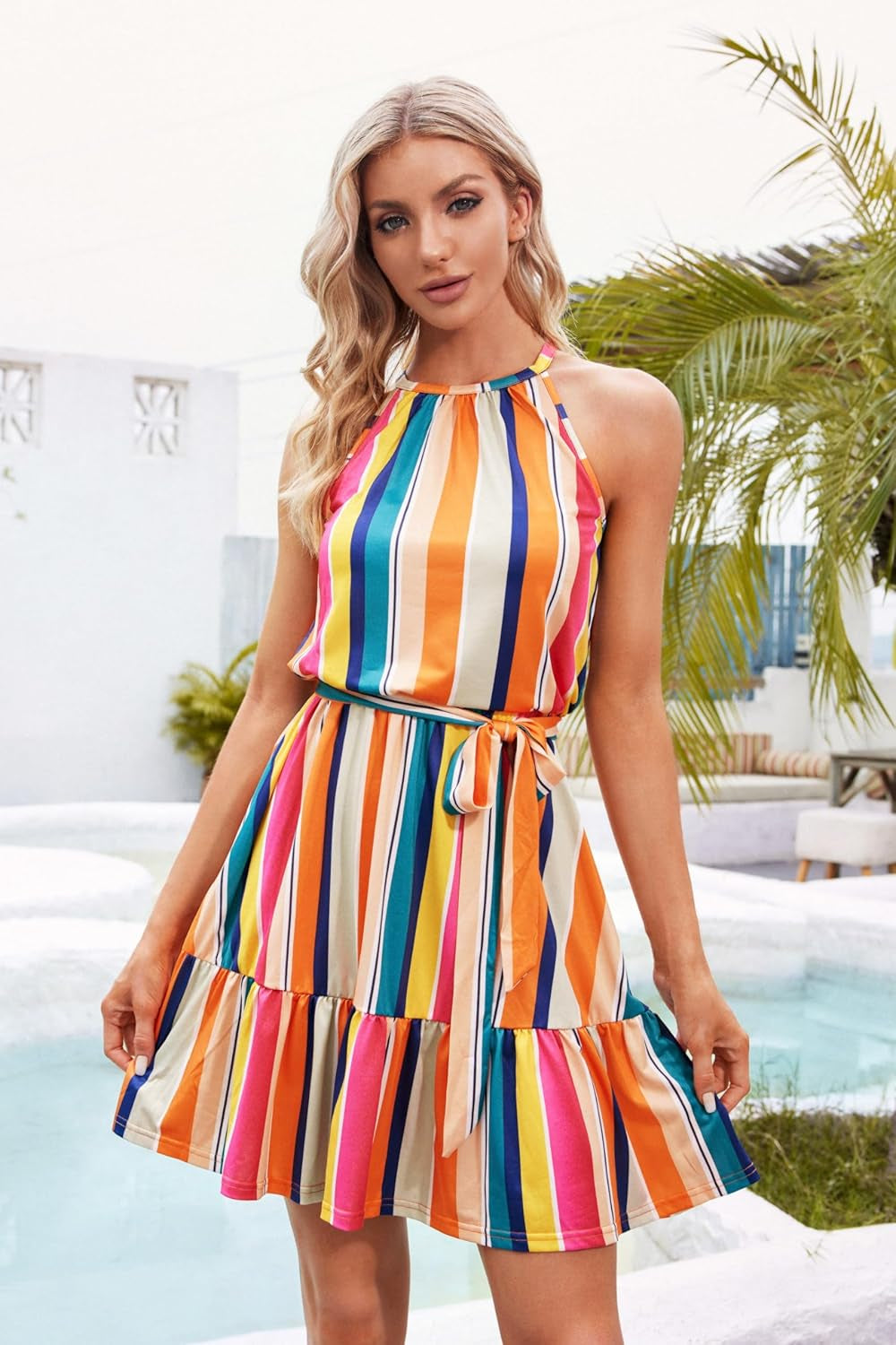 Womens 2026 Summer Dress Halter Wedding Guest Casual Beach Vacation Outfits Belted Sundresses with Pockets