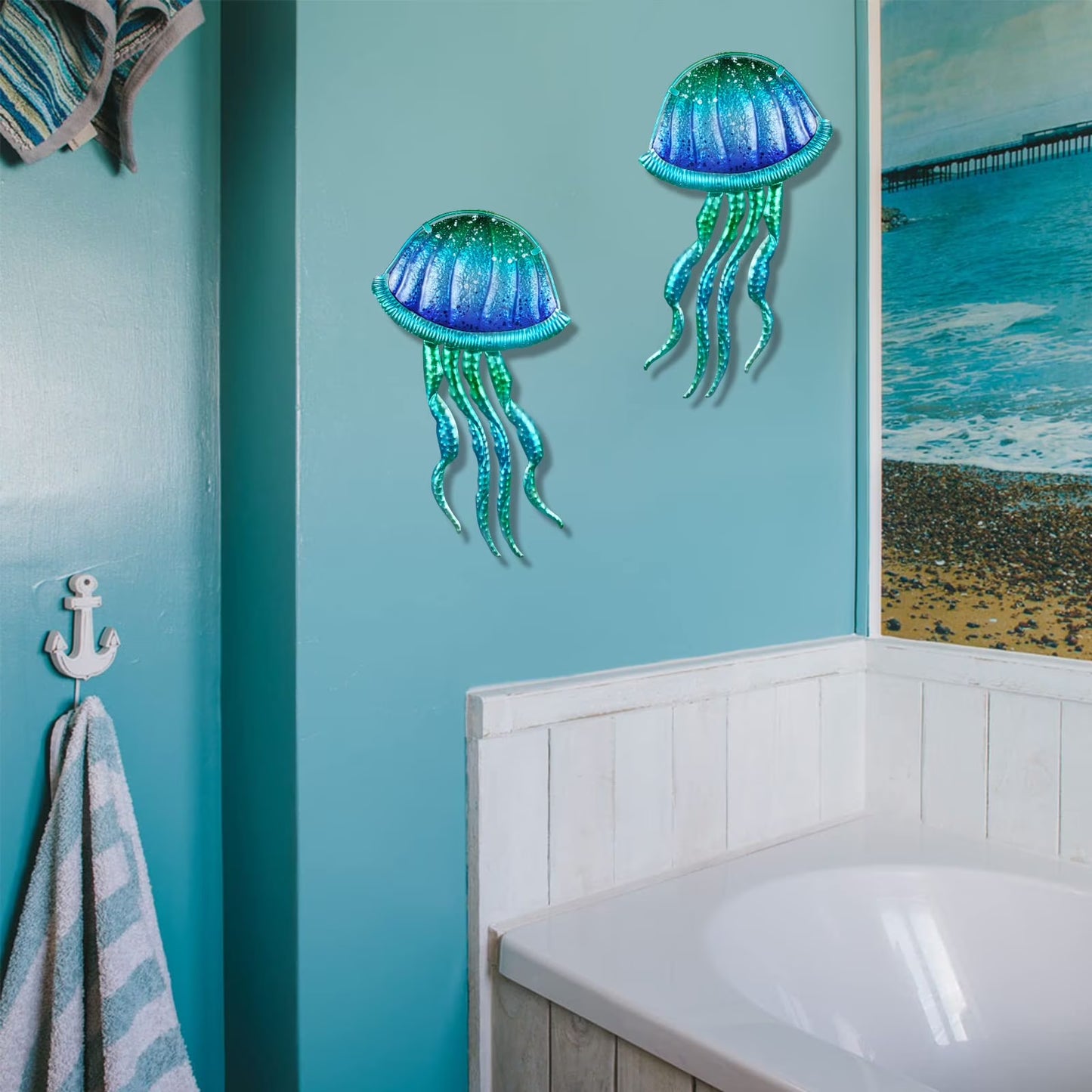 2 Pack Metal Jellyfish Wall Decor-Blue Jellyfish Ocean Wall Art for Bedroom,Bathroom,Kitchen 7.8 X 15 Inches