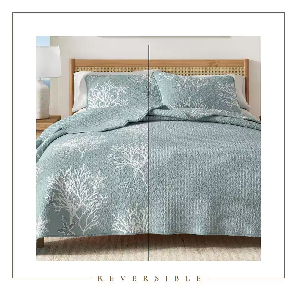 Blue Reversible Coastal Themed Twin Microfiber 2-Piece Quilt Set Bedspread
