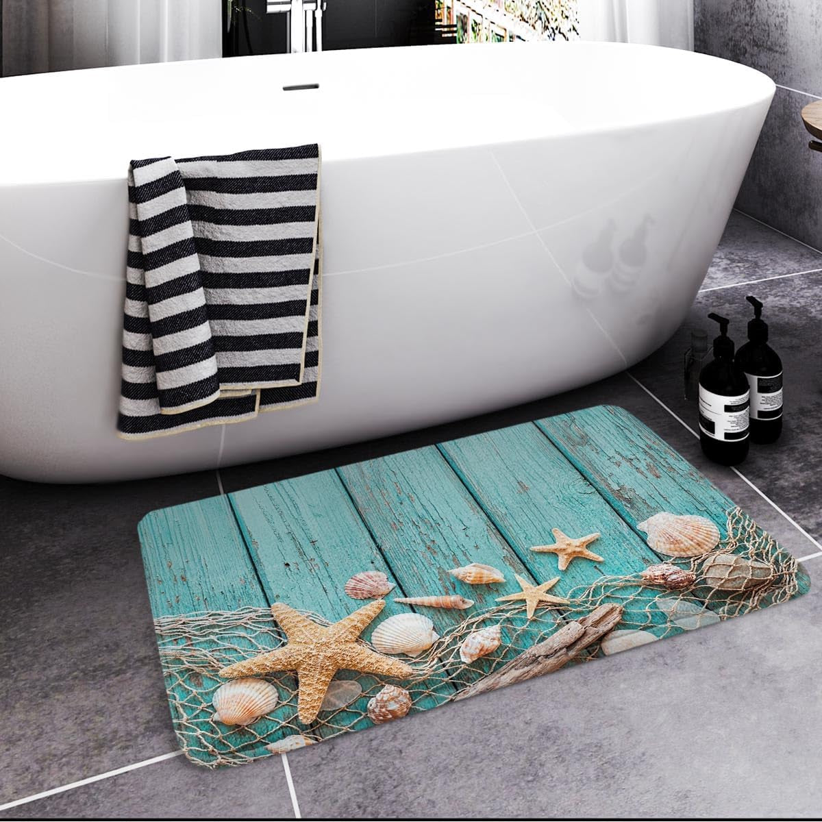 Bath Mat for Bathroom, Beach Seashells Starfish Sand Washable Cover Floor Rug Carpets Floor Mat Bathroom Decorations 16X24 Inches for Kitchen Bedroom Indoor