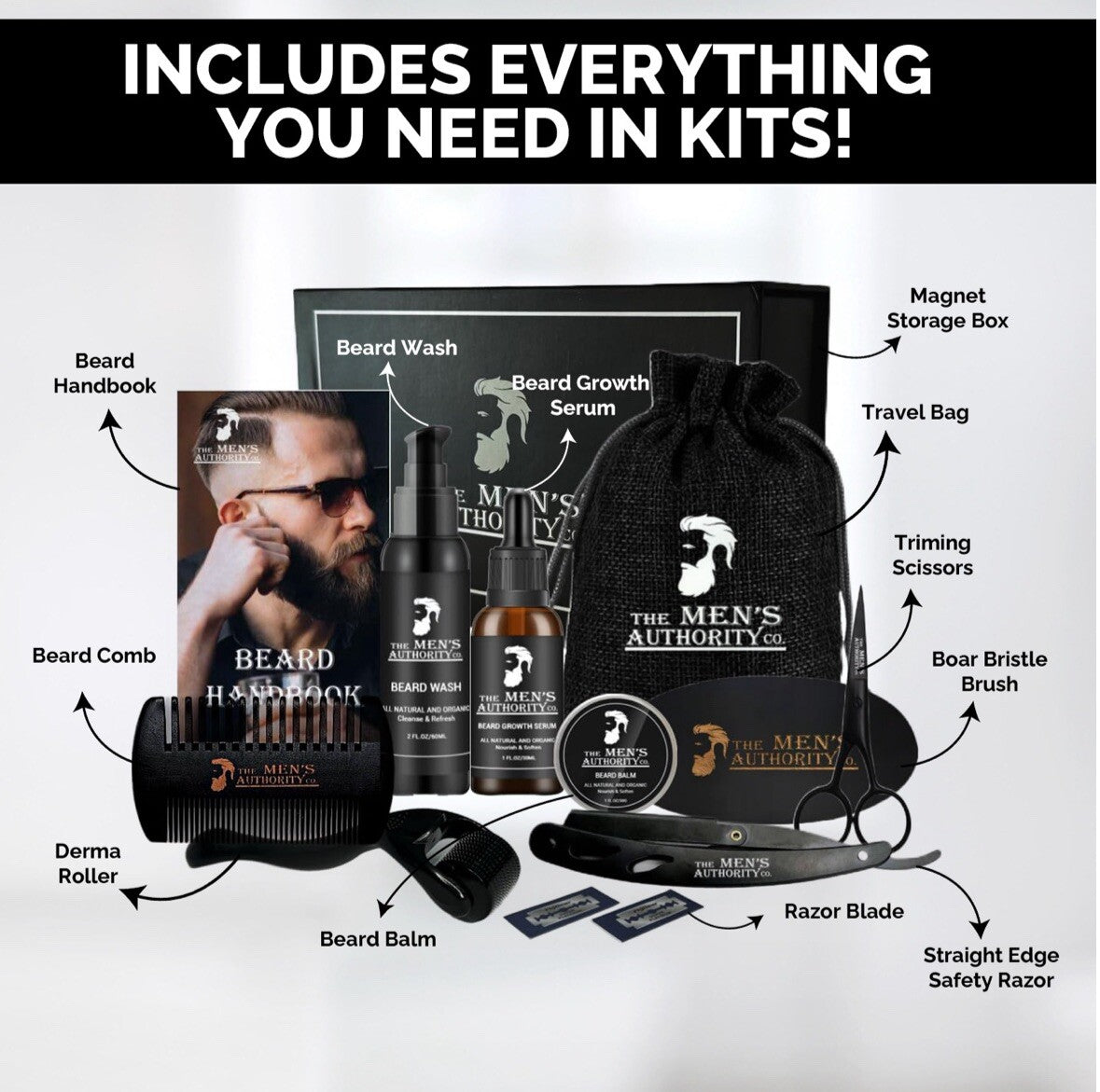NIB Beard Growth Kit for Men Derma Roller Oil Serum Wash Balm Boosts Beard Wash