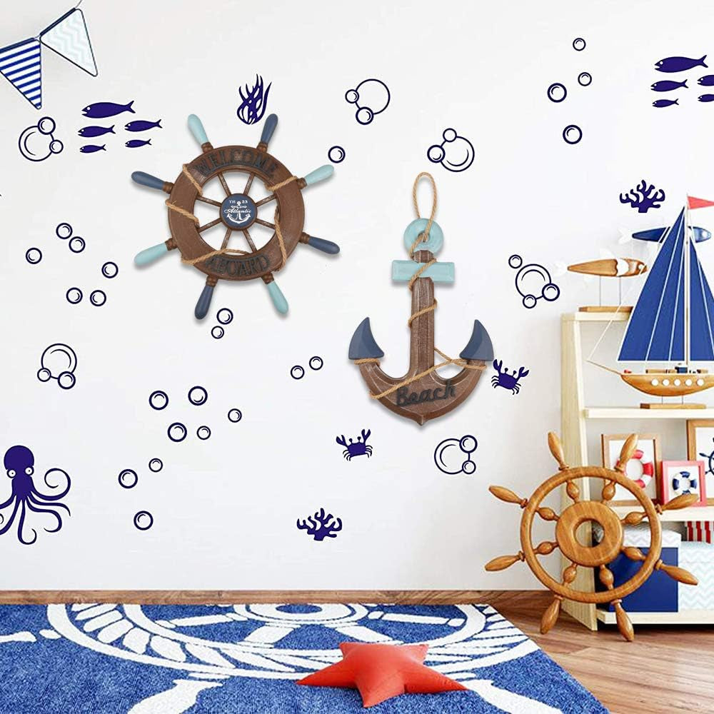 2 Pack 13" Nautical Beach Wooden Ship Wheel and 13" Wooden Anchor with Rope Nautical Boat Steering Wheel Rudder Anchor Wall Art Decor Door Hanging Ornament Beach Theme Home Decoration(Retro Brown)
